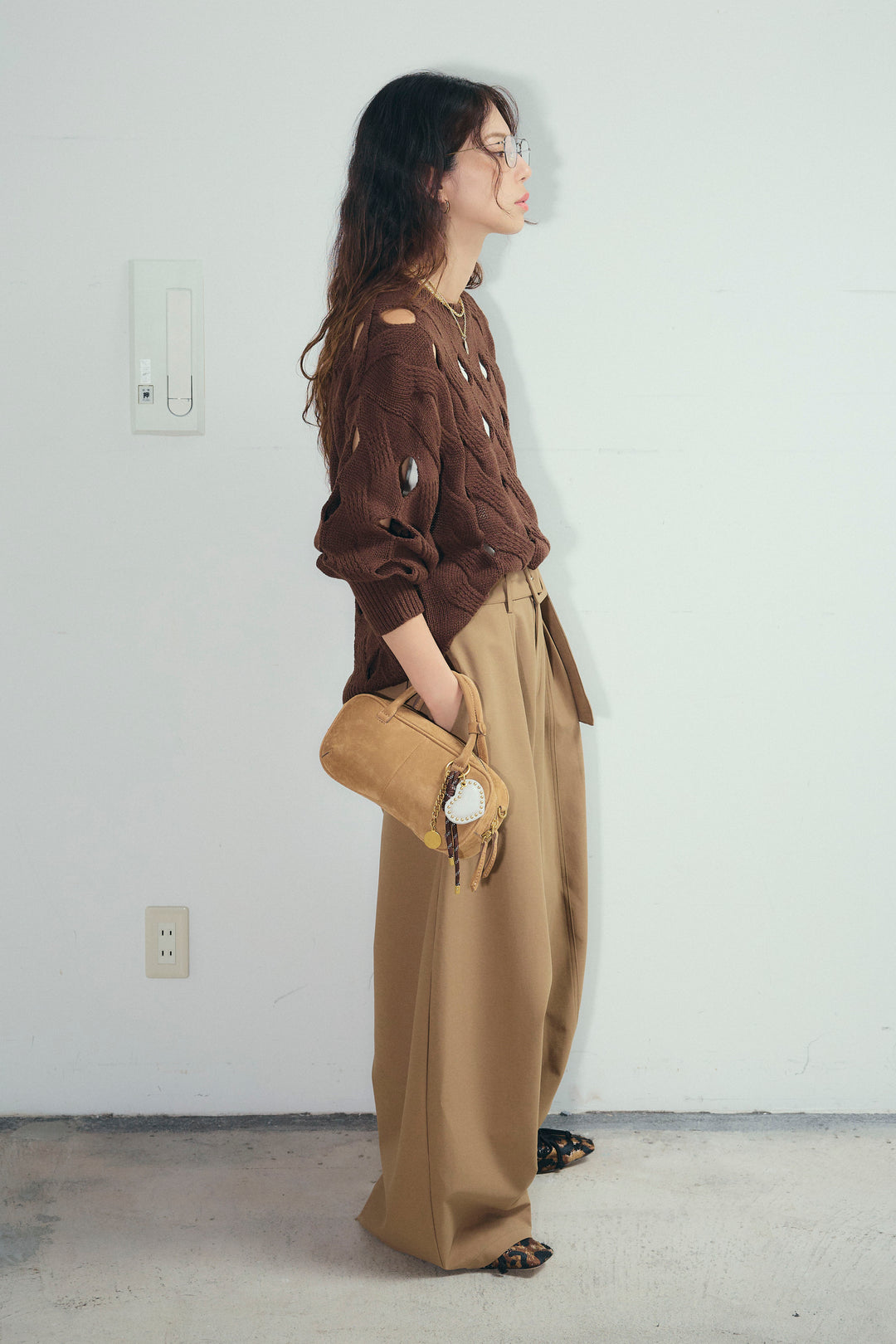 [予約/SET]ケーブルカットアウトニットTOP+ベルト付きコクーンワイドパンツ(2set)