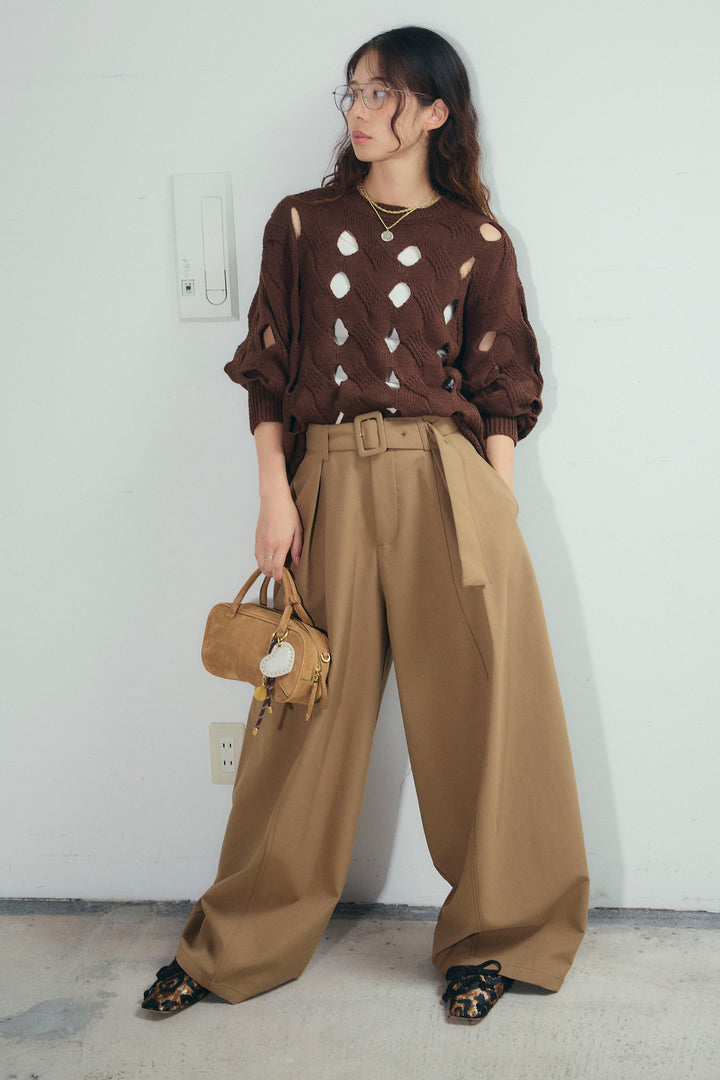 [予約/SET]ケーブルカットアウトニットTOP+ベルト付きコクーンワイドパンツ(2set)