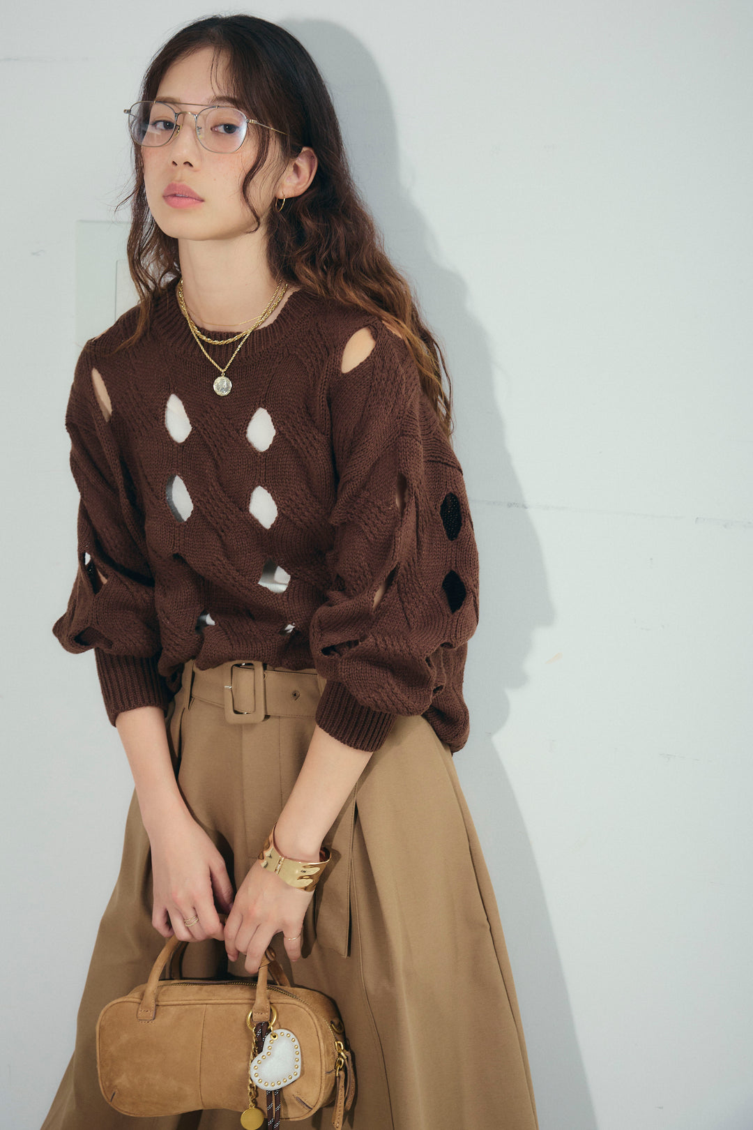 [予約/SET]ケーブルカットアウトニットTOP+ベルト付きコクーンワイドパンツ(2set)