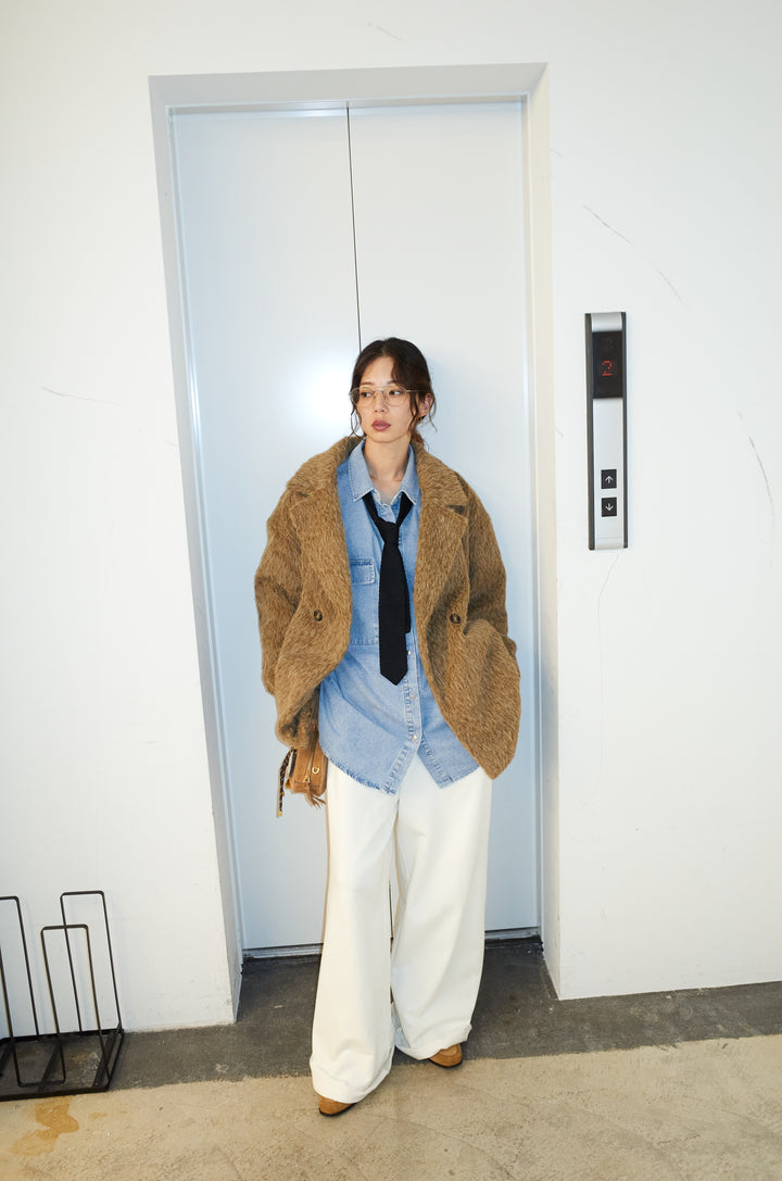 [予約/SET]シャギーミドルコート+オーバーサイズデニムシャツ+エフォートレススウェットパンツ(3set)