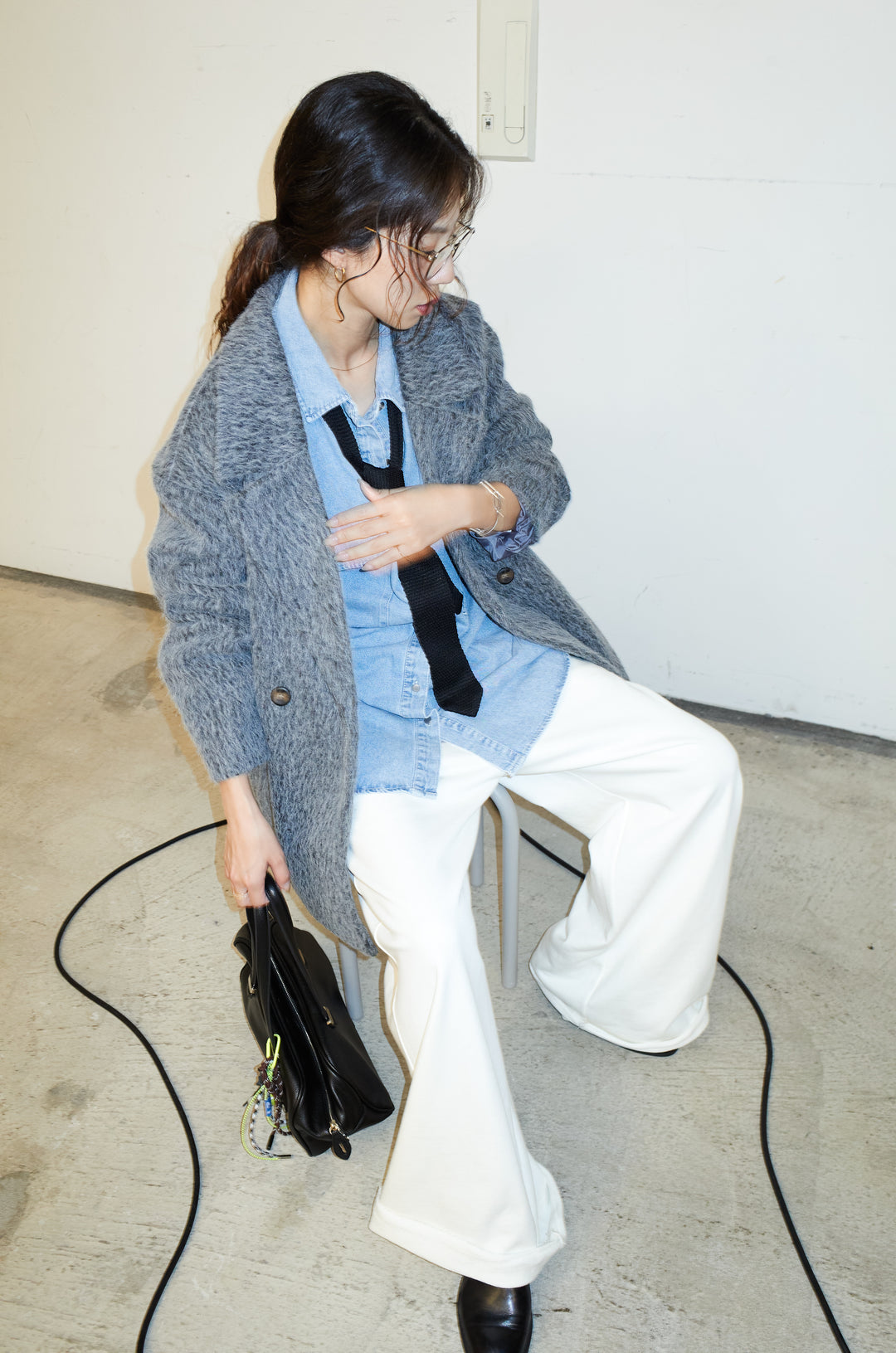 [予約/SET]シャギーミドルコート+オーバーサイズデニムシャツ+エフォートレススウェットパンツ(3set)