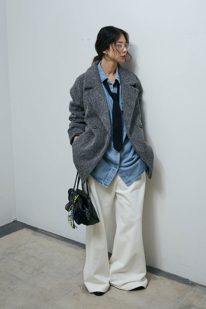 [予約/SET]シャギーミドルコート+オーバーサイズデニムシャツ(2set)