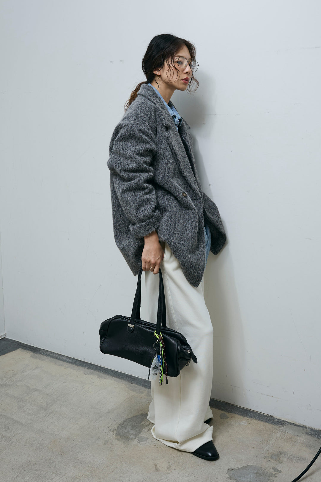 [予約/SET]シャギーミドルコート+オーバーサイズデニムシャツ+エフォートレススウェットパンツ(3set)