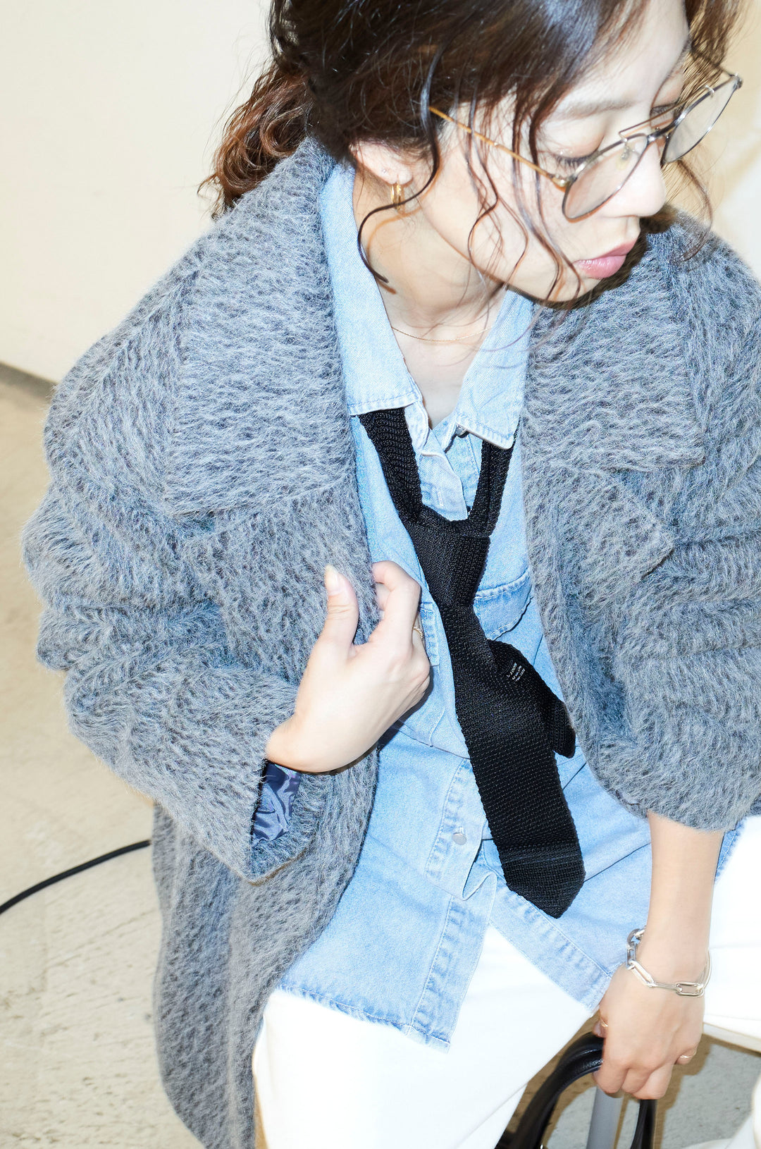 [予約/SET]シャギーミドルコート+オーバーサイズデニムシャツ(2set)