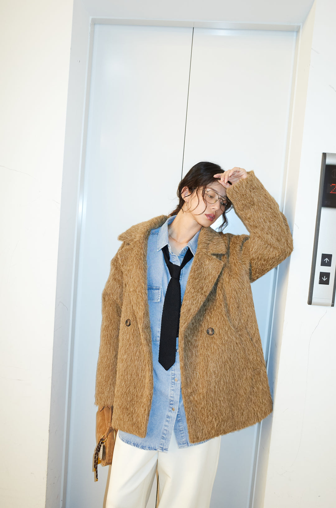 [予約/SET]シャギーミドルコート+オーバーサイズデニムシャツ(2set)