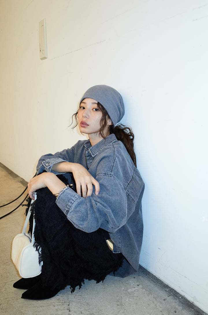 [予約/SET]オーバーサイズデニムシャツ+カットフリンジニットタイトスカート(2set)