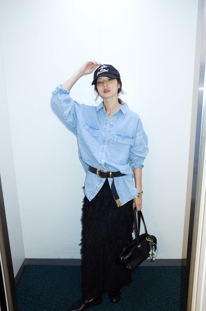 [予約/SET]オーバーサイズデニムシャツ+カットフリンジニットタイトスカート(2set)