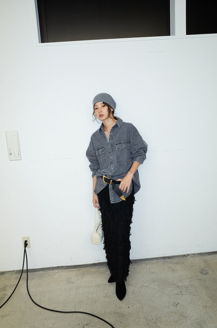 [予約/SET]オーバーサイズデニムシャツ+カットフリンジニットタイトスカート(2set)