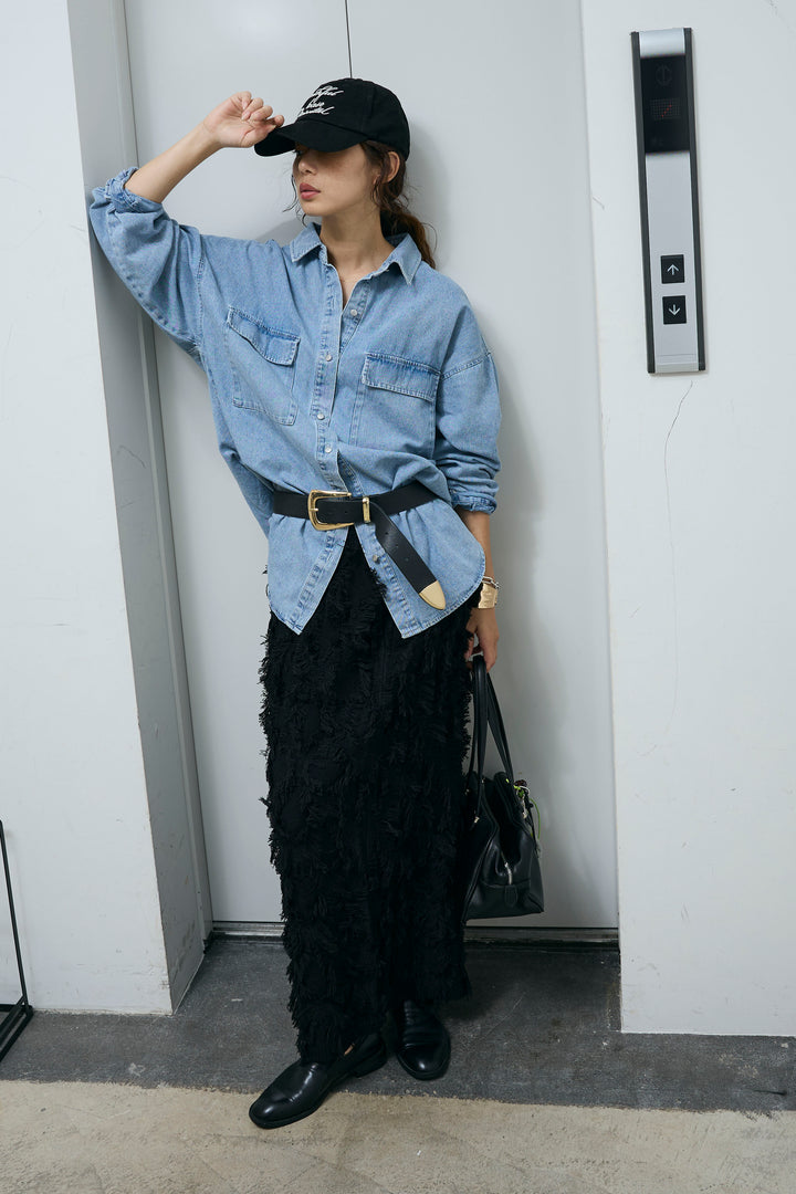 [予約/SET]オーバーサイズデニムシャツ+カットフリンジニットタイトスカート(2set)