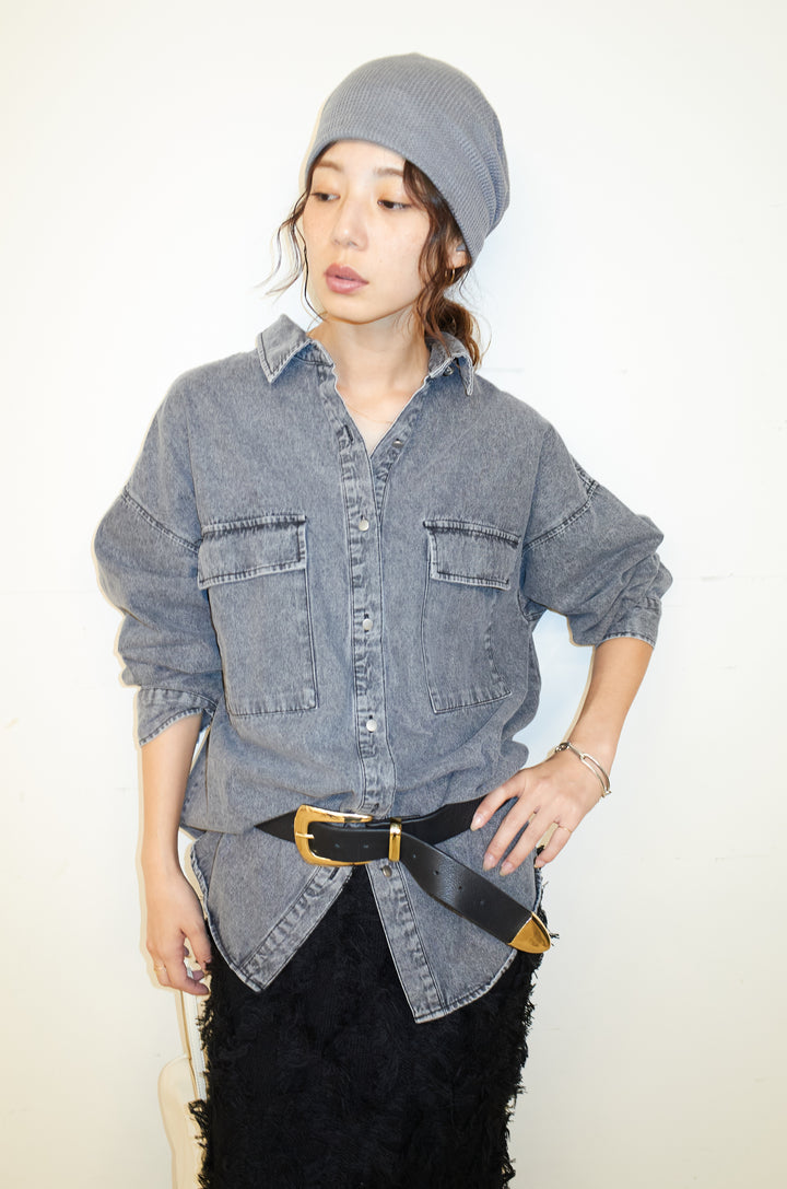 [予約/SET]オーバーサイズデニムシャツ+カットフリンジニットタイトスカート(2set)