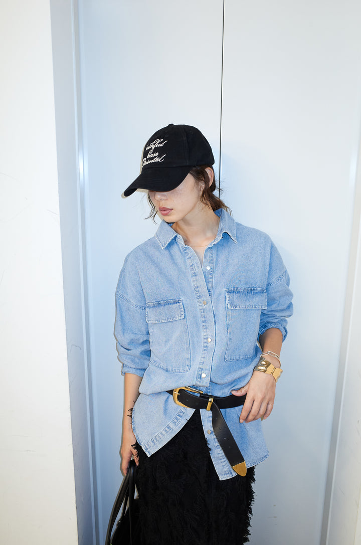 [予約/SET]オーバーサイズデニムシャツ+カットフリンジニットタイトスカート(2set)