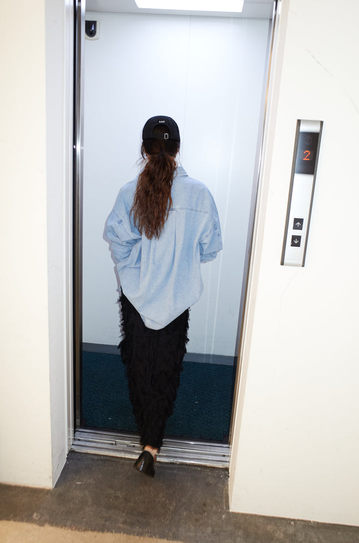 [予約/SET]オーバーサイズデニムシャツ+カットフリンジニットタイトスカート(2set)