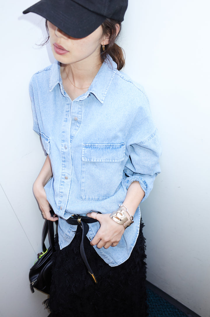 [予約/SET]オーバーサイズデニムシャツ+カットフリンジニットタイトスカート(2set)