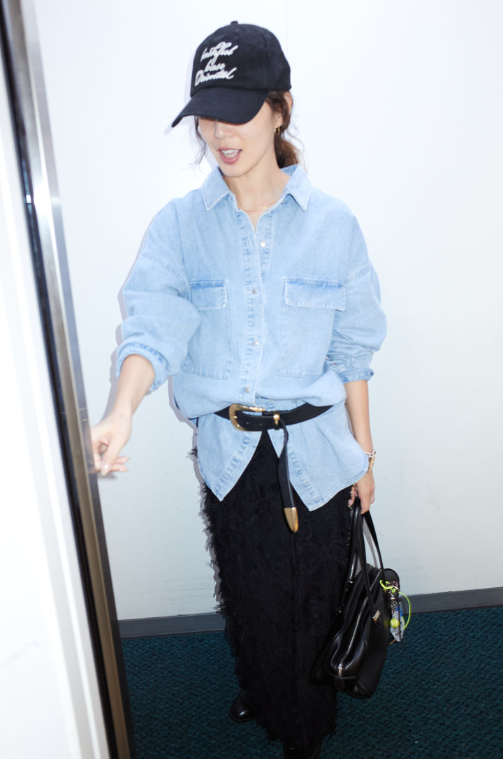 [予約/SET]オーバーサイズデニムシャツ+カットフリンジニットタイトスカート(2set)