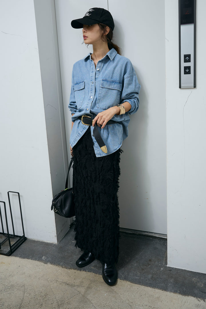 [予約/SET]オーバーサイズデニムシャツ+カットフリンジニットタイトスカート(2set)