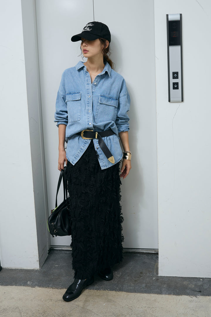 [予約/SET]オーバーサイズデニムシャツ+カットフリンジニットタイトスカート(2set)