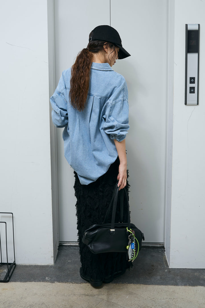 [予約/SET]オーバーサイズデニムシャツ+カットフリンジニットタイトスカート(2set)