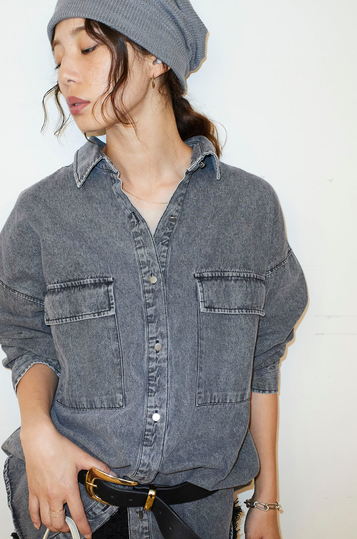 [予約/SET]オーバーサイズデニムシャツ+カットフリンジニットタイトスカート(2set)