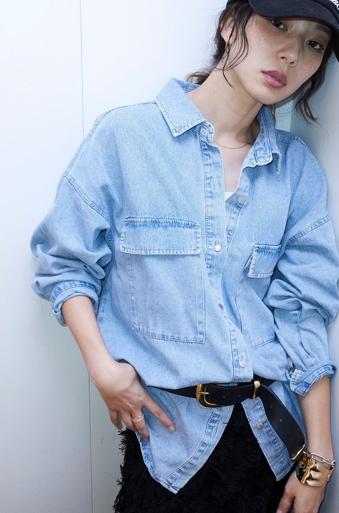 [予約/SET]オーバーサイズデニムシャツ+カットフリンジニットタイトスカート(2set)