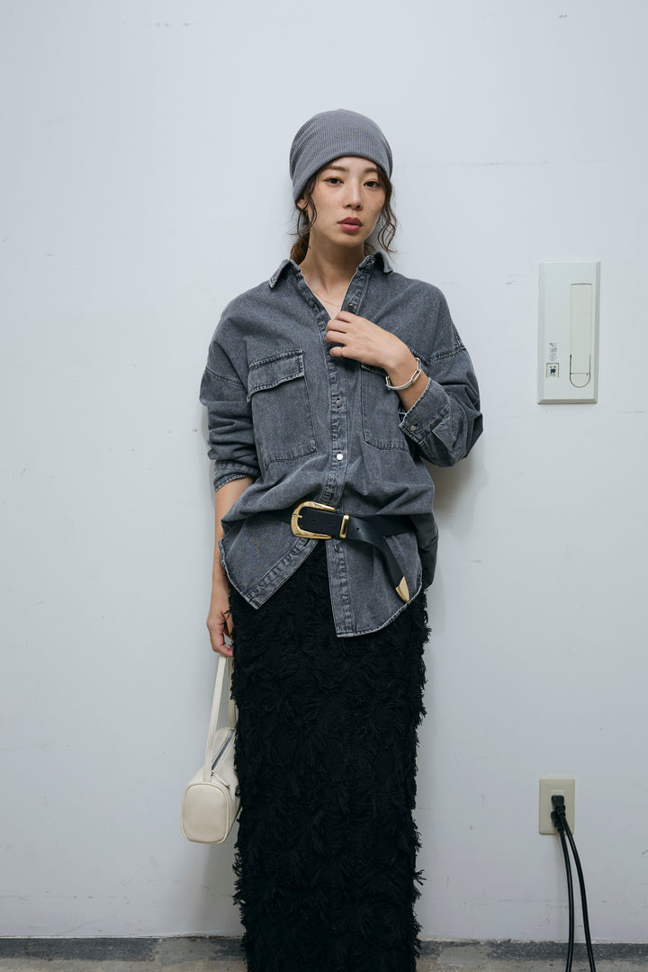 [予約/SET]オーバーサイズデニムシャツ+カットフリンジニットタイトスカート(2set)