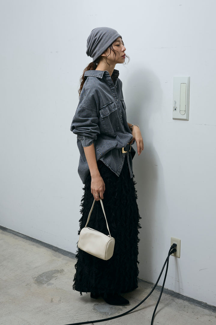 [予約/SET]オーバーサイズデニムシャツ+カットフリンジニットタイトスカート(2set)