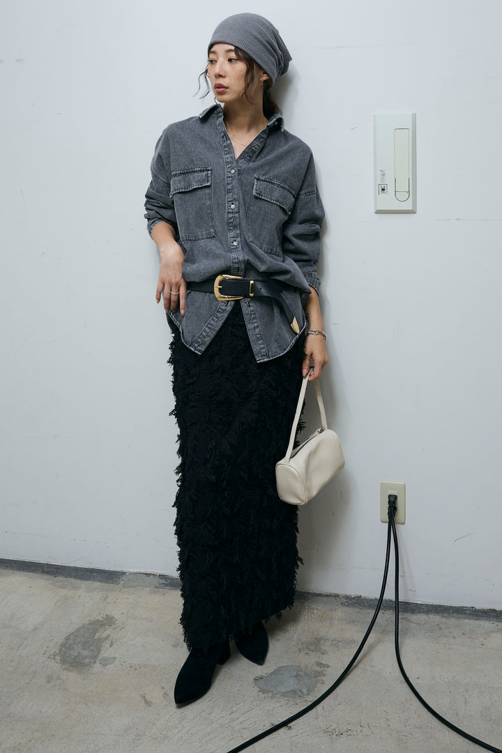 [予約/SET]オーバーサイズデニムシャツ+カットフリンジニットタイトスカート(2set)