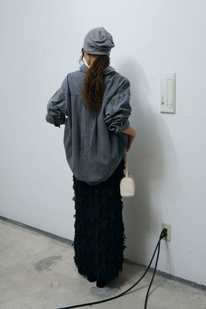 [予約/SET]オーバーサイズデニムシャツ+カットフリンジニットタイトスカート(2set)