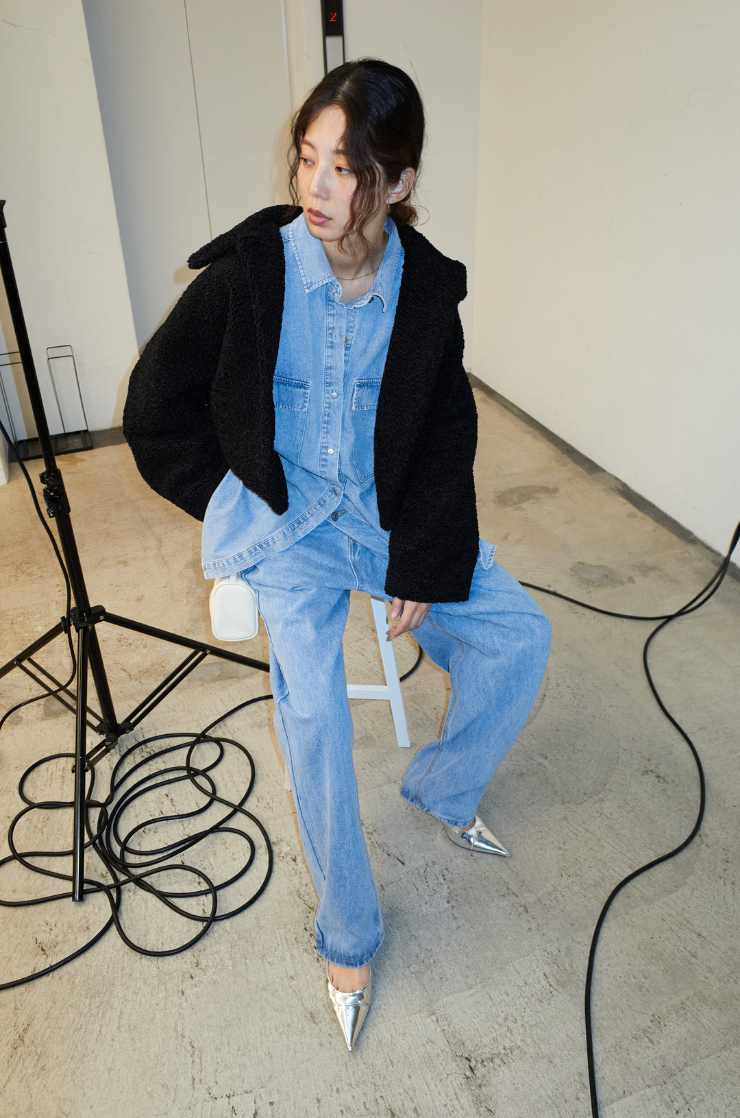 [予約/SET]ショートテディベアコート+アシメウエストデニム(2set)