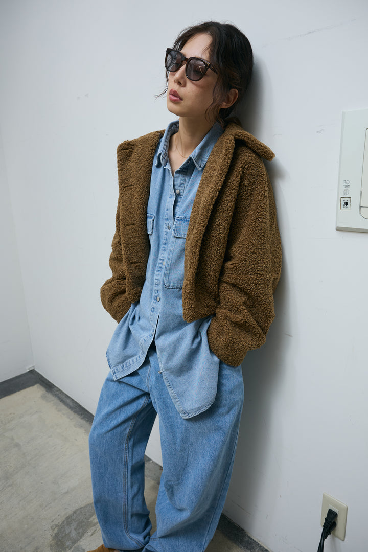 [予約/SET]ショートテディベアコート+オーバーサイズデニムシャツ+アシメウエストデニム(3set)