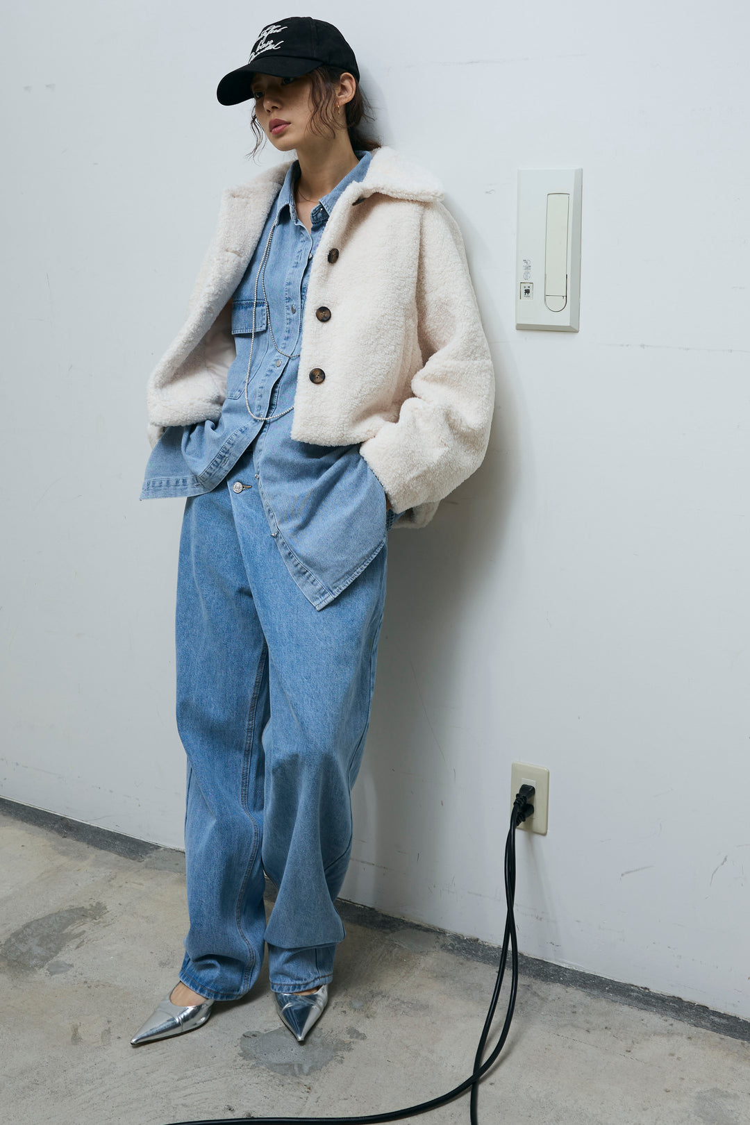 [予約/SET]ショートテディベアコート+オーバーサイズデニムシャツ(2set)