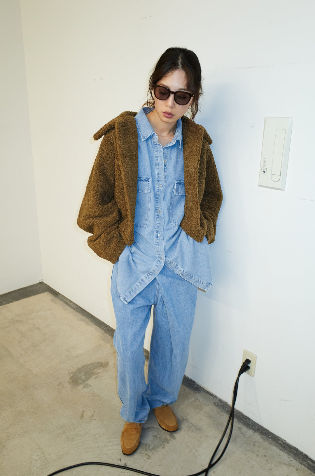 [予約/SET]ショートテディベアコート+オーバーサイズデニムシャツ+アシメウエストデニム(3set)