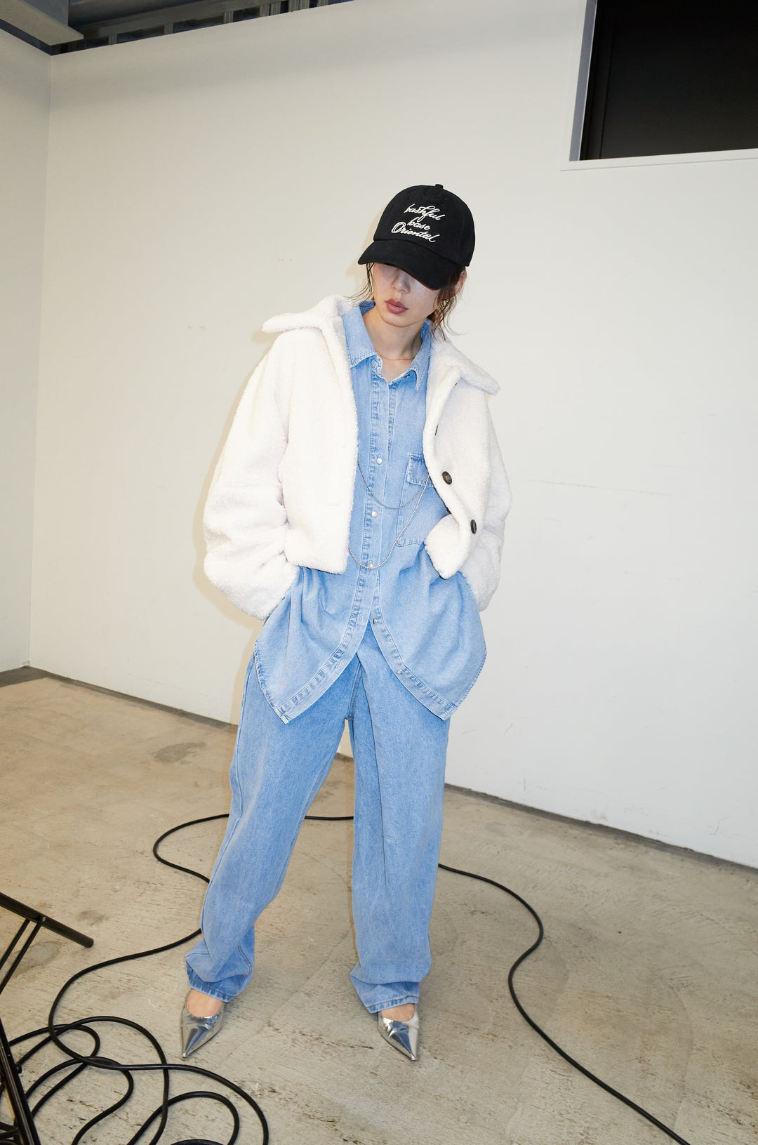 [予約/SET]ショートテディベアコート+オーバーサイズデニムシャツ+アシメウエストデニム(3set)