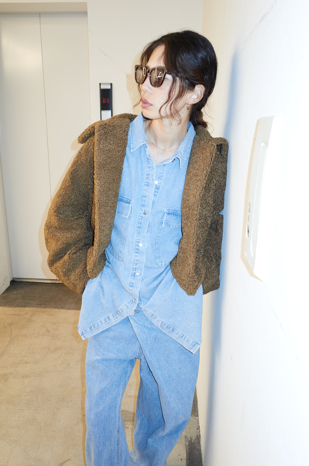 [予約/SET]ショートテディベアコート+オーバーサイズデニムシャツ(2set)