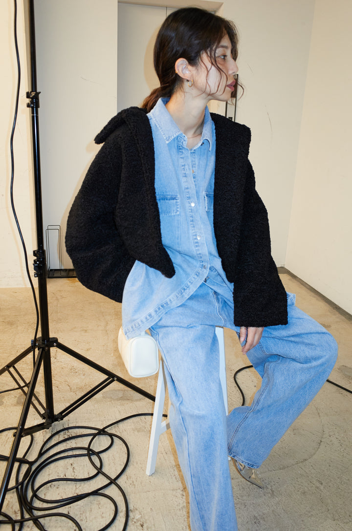 [予約/SET]ショートテディベアコート+オーバーサイズデニムシャツ+アシメウエストデニム(3set)