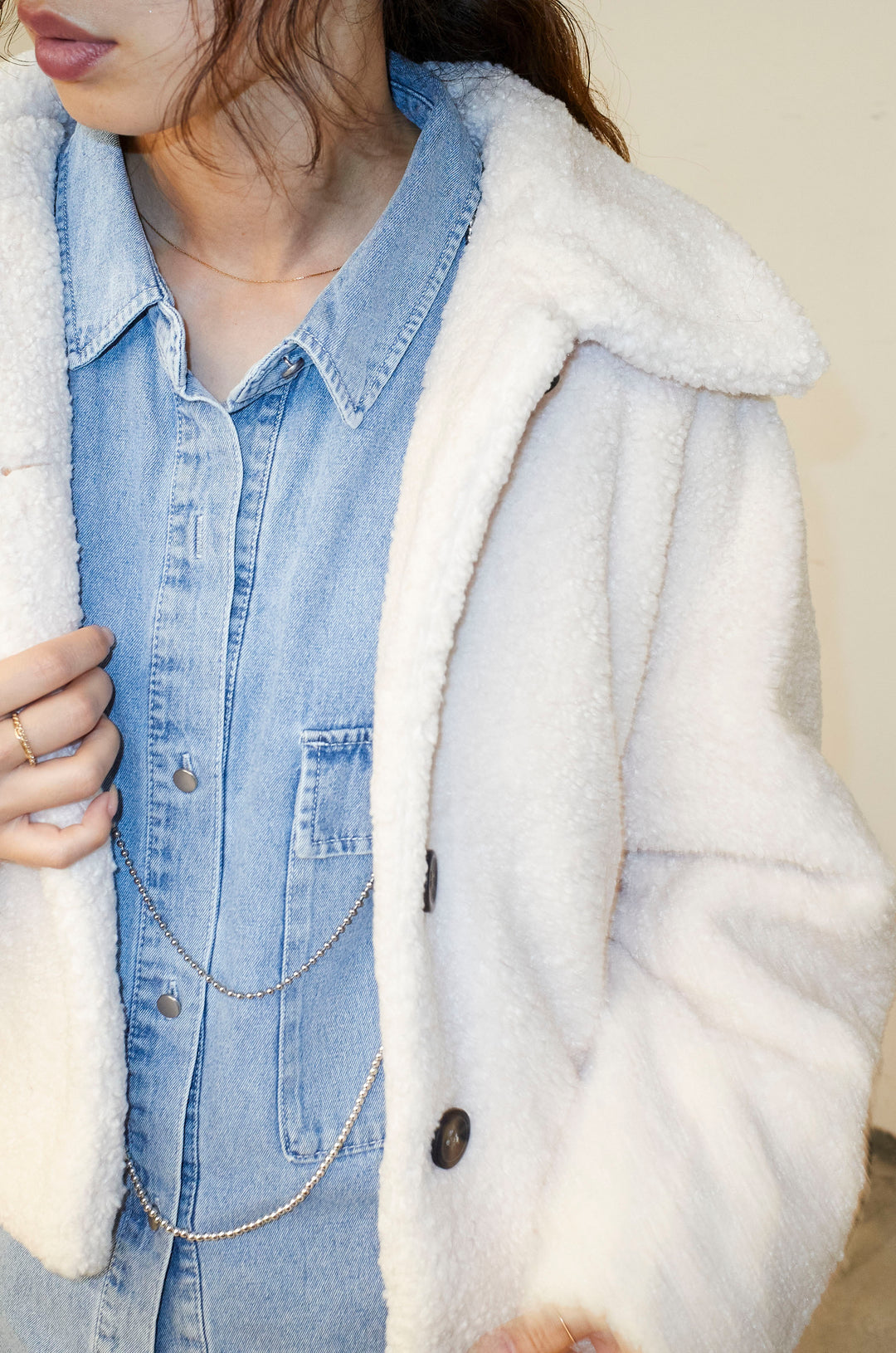 [予約/SET]ショートテディベアコート+オーバーサイズデニムシャツ(2set)