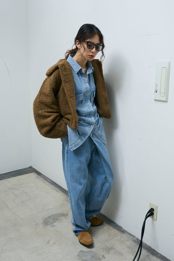 [予約/SET]ショートテディベアコート+オーバーサイズデニムシャツ+アシメウエストデニム(3set)