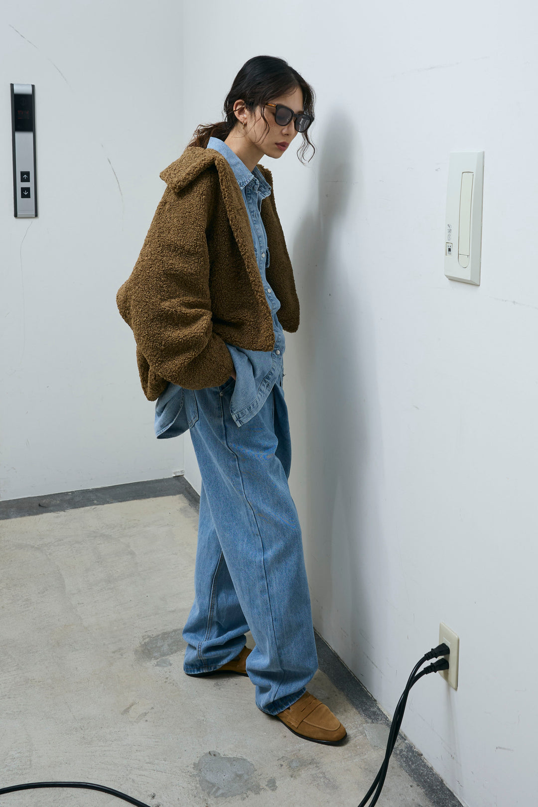 [予約/SET]ショートテディベアコート+オーバーサイズデニムシャツ(2set)