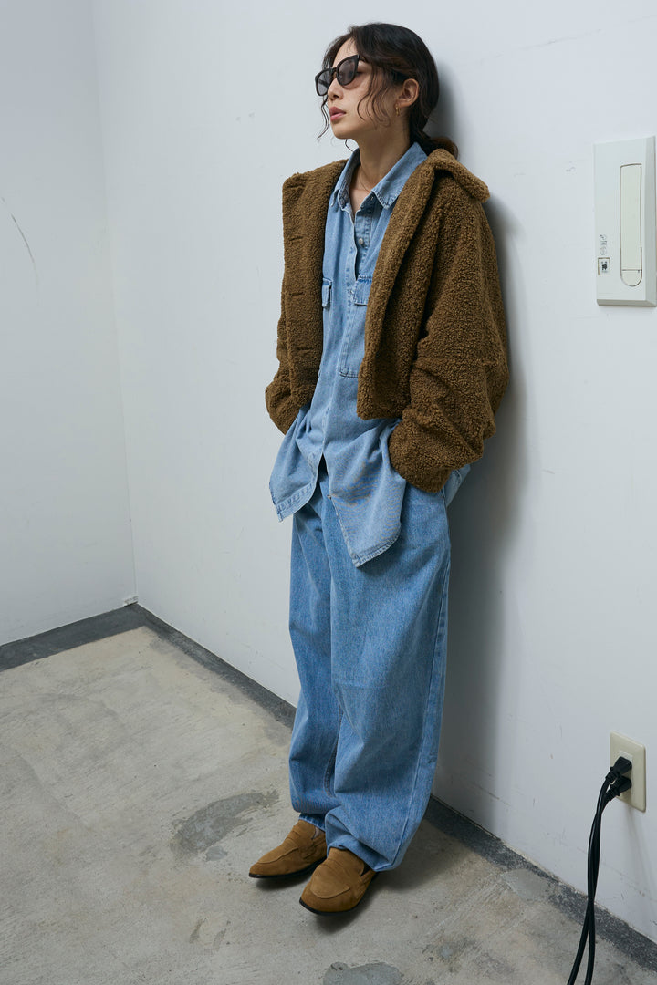 [予約/SET]ショートテディベアコート+オーバーサイズデニムシャツ(2set)