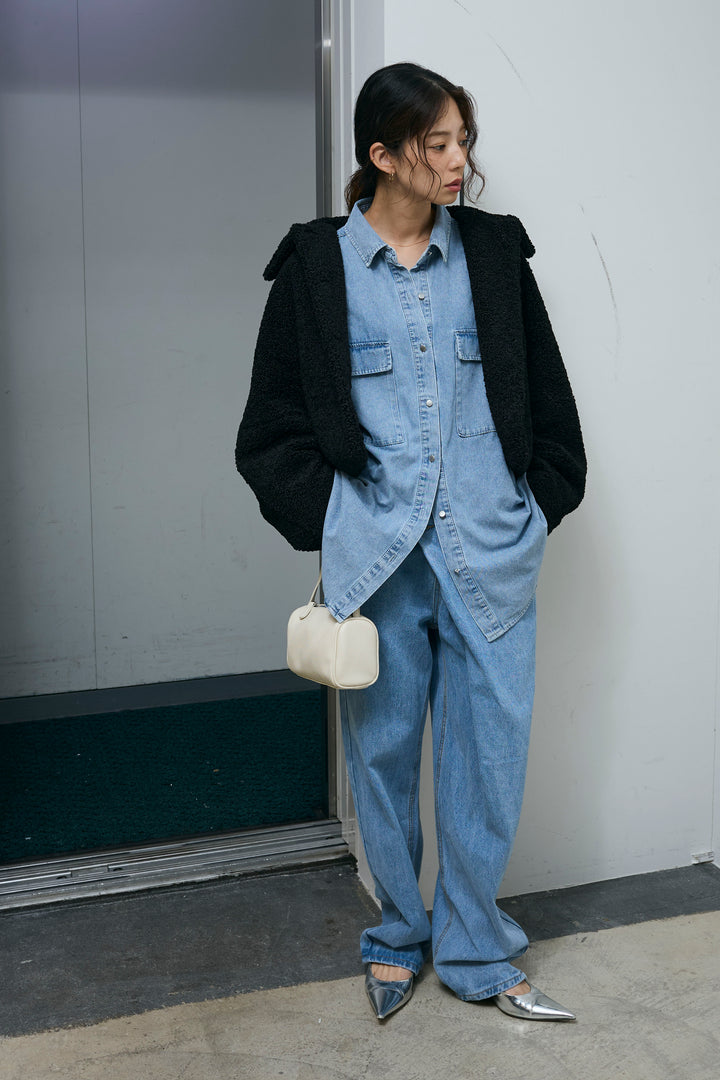 [予約/SET]ショートテディベアコート+アシメウエストデニム(2set)