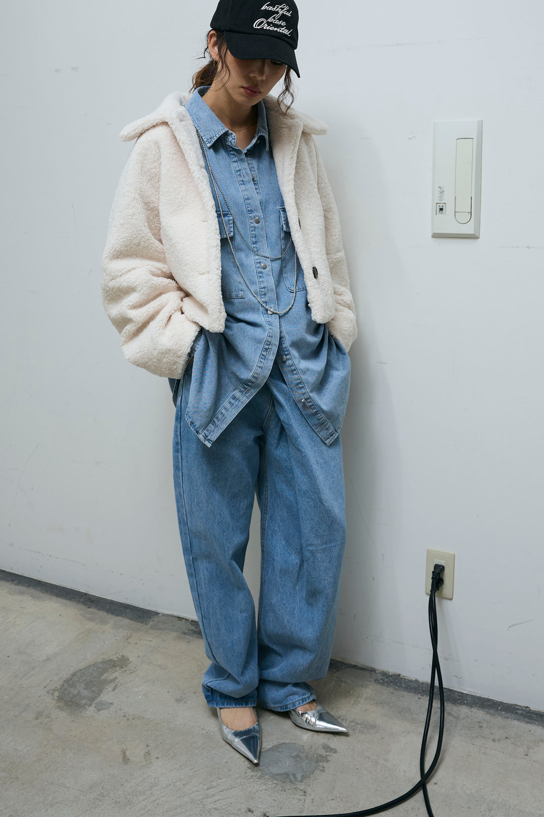 [予約/SET]ショートテディベアコート+オーバーサイズデニムシャツ(2set)