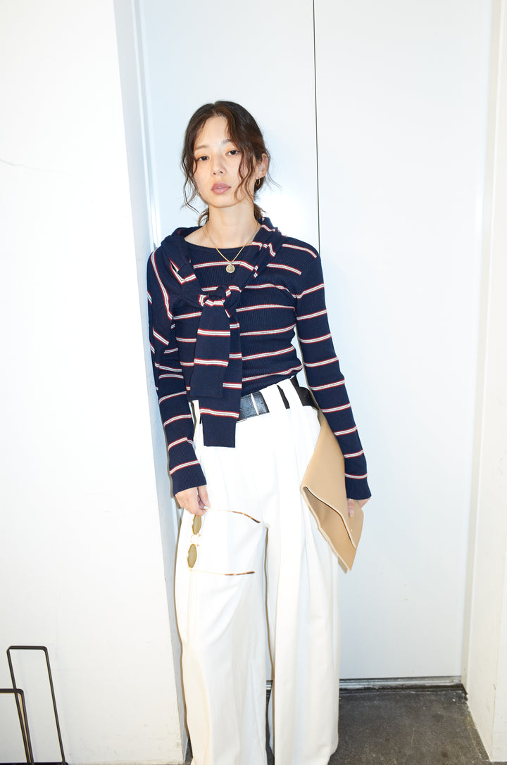 [予約/SET]ボーダーバックオープン2wayPO+ボーダーカーディガン+フェイクレザー太ベルト付きタックデザインパンツ(3set)