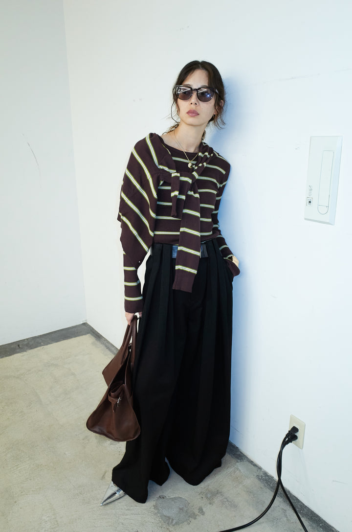 [予約/SET]ボーダーバックオープン2wayPO+ボーダーカーディガン+フェイクレザー太ベルト付きタックデザインパンツ(3set)