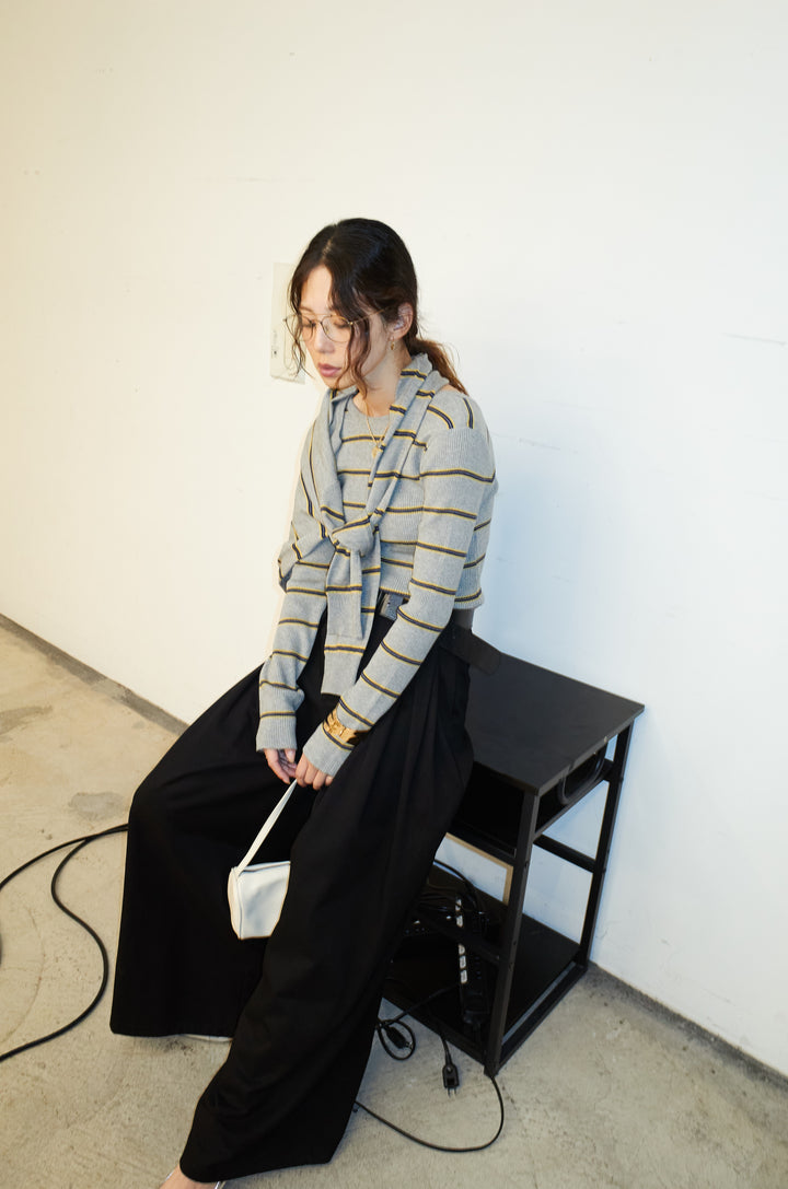 [予約/SET]ボーダーバックオープン2wayPO+ボーダーカーディガン+フェイクレザー太ベルト付きタックデザインパンツ(3set)