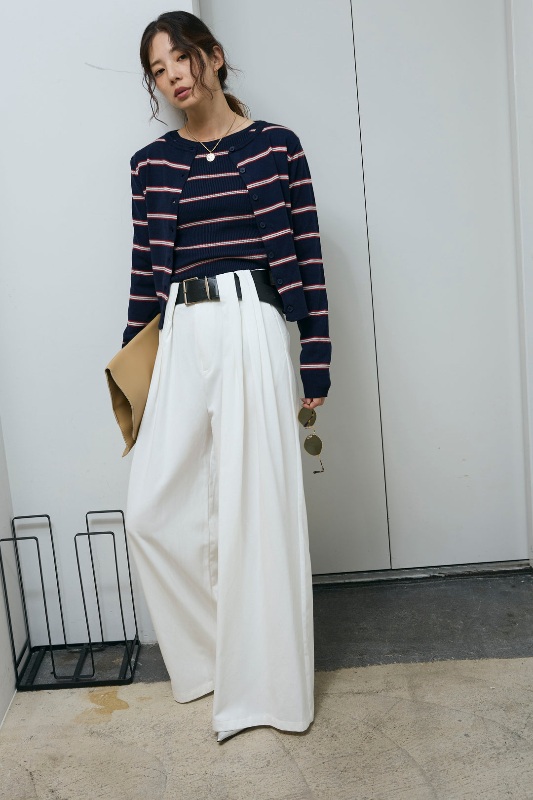 [予約/SET]ボーダーバックオープン2wayPO+ボーダーカーディガン+フェイクレザー太ベルト付きタックデザインパンツ(3set)