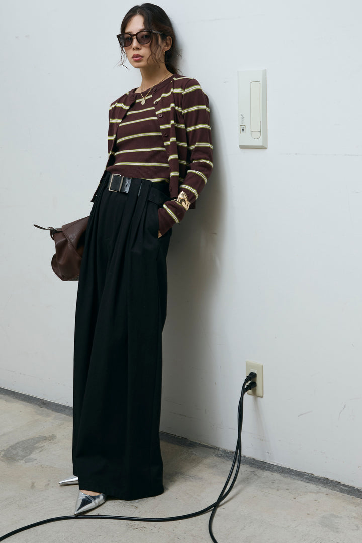 [予約/SET]ボーダーバックオープン2wayPO+ボーダーカーディガン+フェイクレザー太ベルト付きタックデザインパンツ(3set)