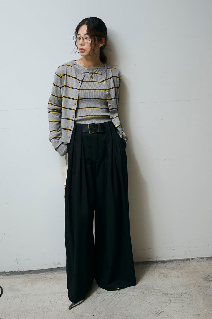 [予約/SET]ボーダーバックオープン2wayPO+ボーダーカーディガン+フェイクレザー太ベルト付きタックデザインパンツ(3set)