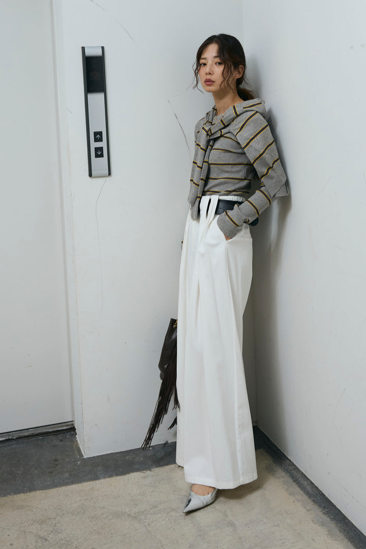 [予約/SET]ボーダーバックオープン2wayPO+ボーダーカーディガン+フェイクレザー太ベルト付きタックデザインパンツ(3set)