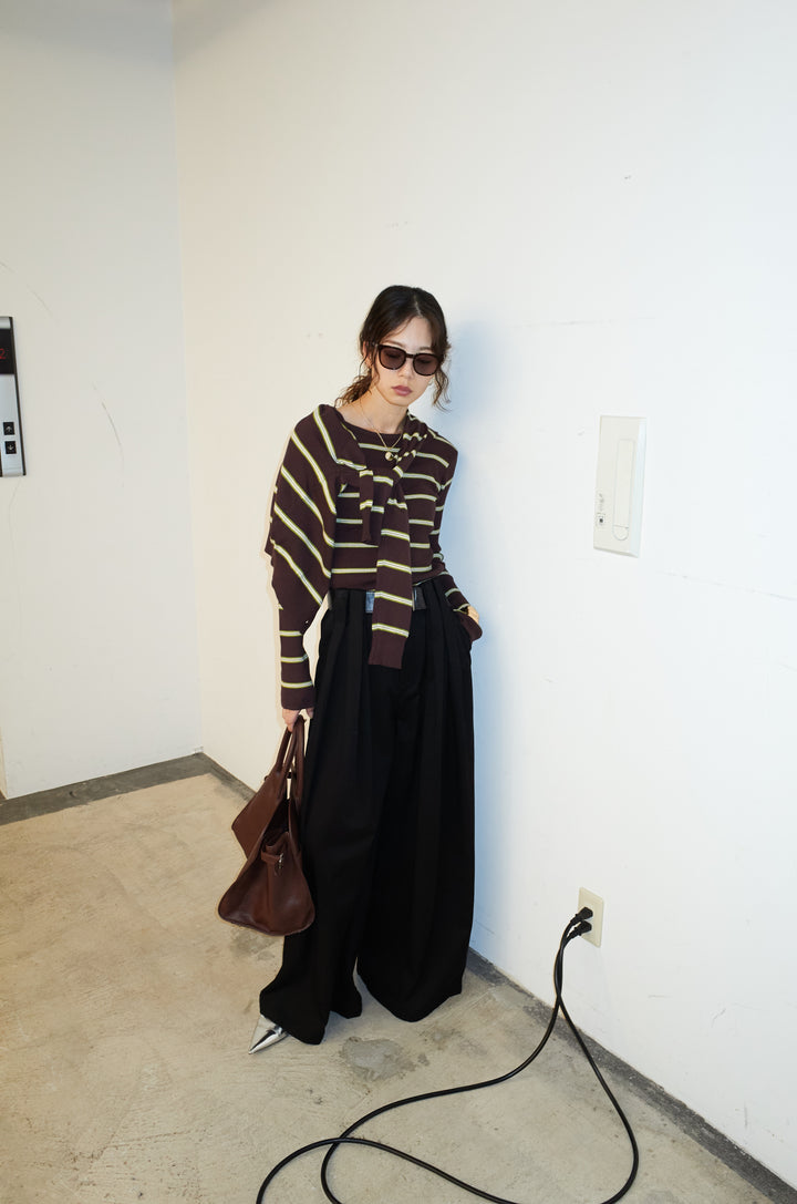 [予約/SET]ボーダーバックオープン2wayPO+ボーダーカーディガン+フェイクレザー太ベルト付きタックデザインパンツ(3set)