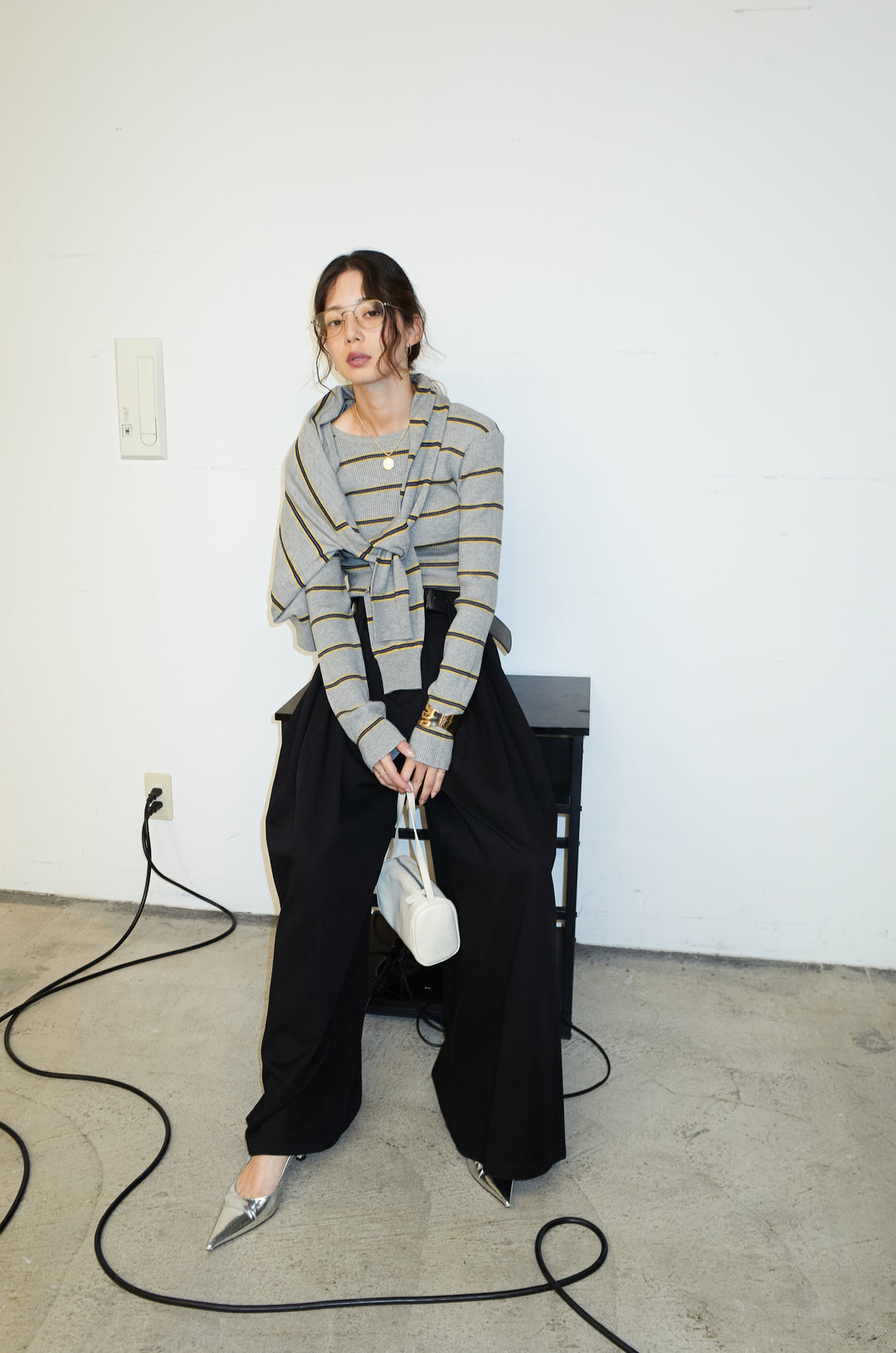 [予約/SET]ボーダーバックオープン2wayPO+ボーダーカーディガン+フェイクレザー太ベルト付きタックデザインパンツ(3set)