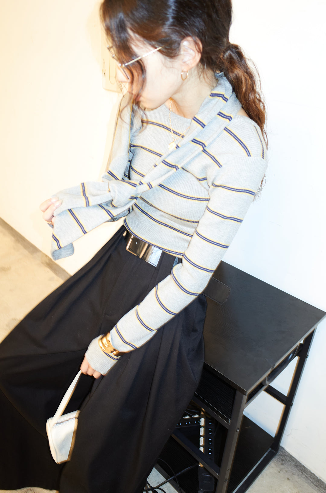 [予約/SET]ボーダーバックオープン2wayPO+ボーダーカーディガン+フェイクレザー太ベルト付きタックデザインパンツ(3set)